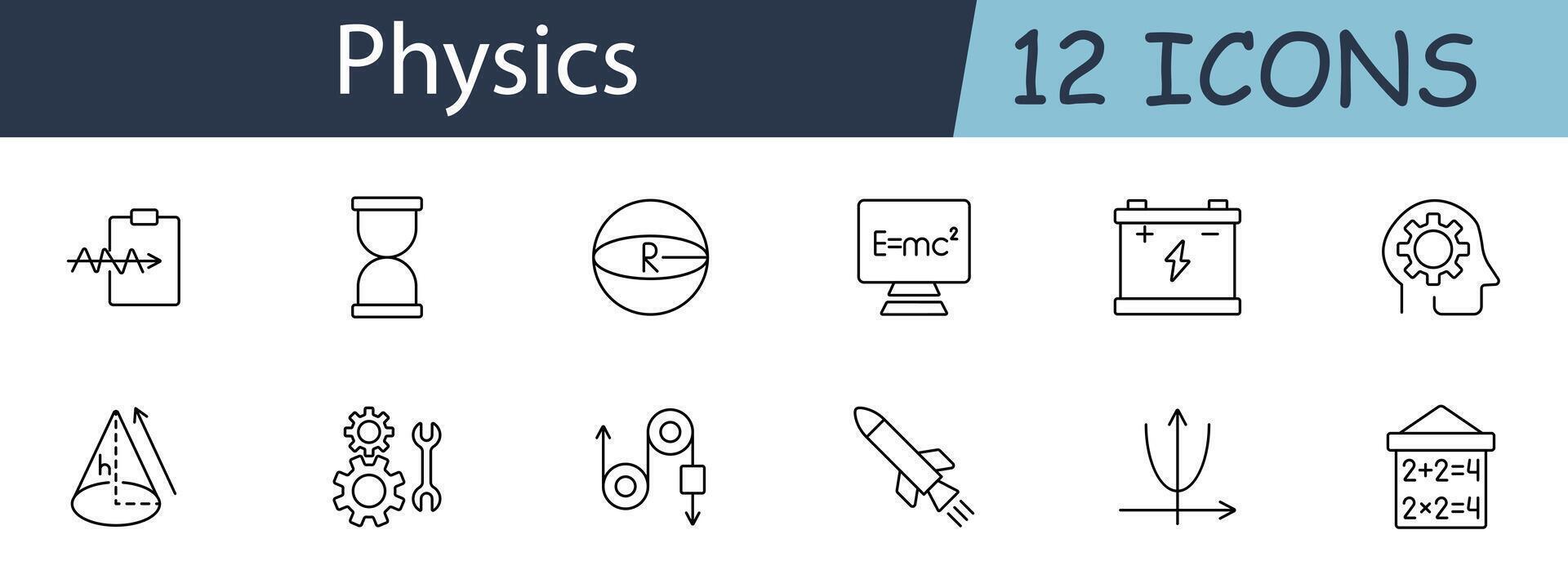 Physics set icon. Circuit, hourglass, sphere, equation, battery, brain, conic section, gears, pulley, rocket, , formula. Science concept. line icon on white background. vector