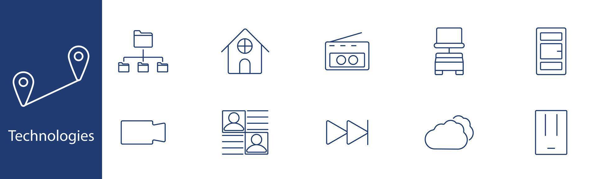 Technology set icon. Folder, smart home, radio, database, network, cloud, , profiles, fast-forward, data storage. Digital, innovation, electronics concept. vector