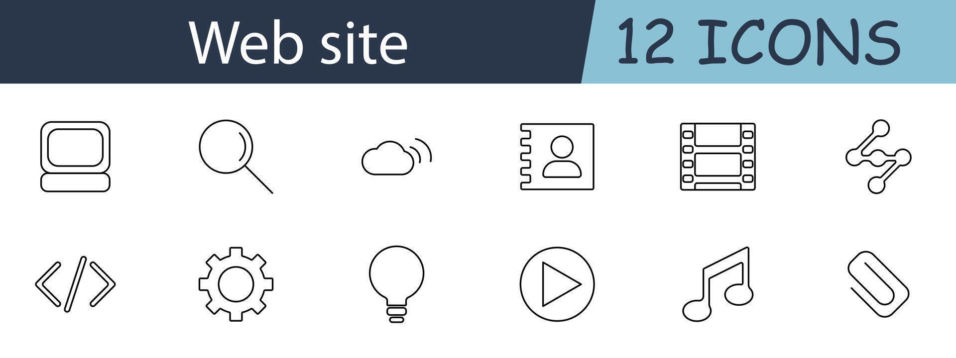 Website set icon. Includes symbols for search, cloud, user, and media. Perfect for web design, development, and online services concepts. line icon on white background. vector