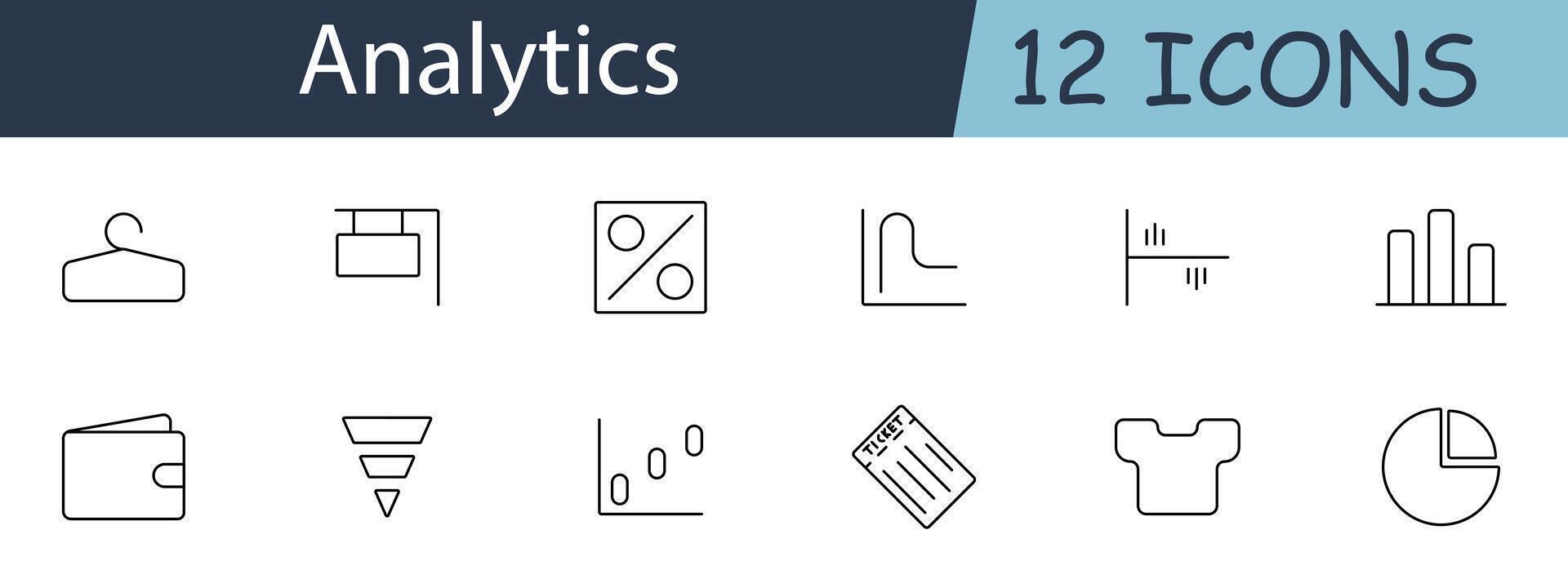 Analytics set icon. Hanger, calendar, percentage, graph, wallet, funnel, ticket, chart. Data analysis, financial statistics, business metrics concept. vector
