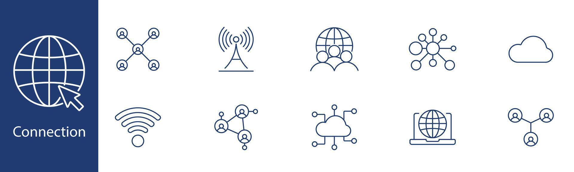 Connection set icon. Globe, wifi, antenna, people, cloud, network, online, digital. Internet, communication, connectivity concept. vector