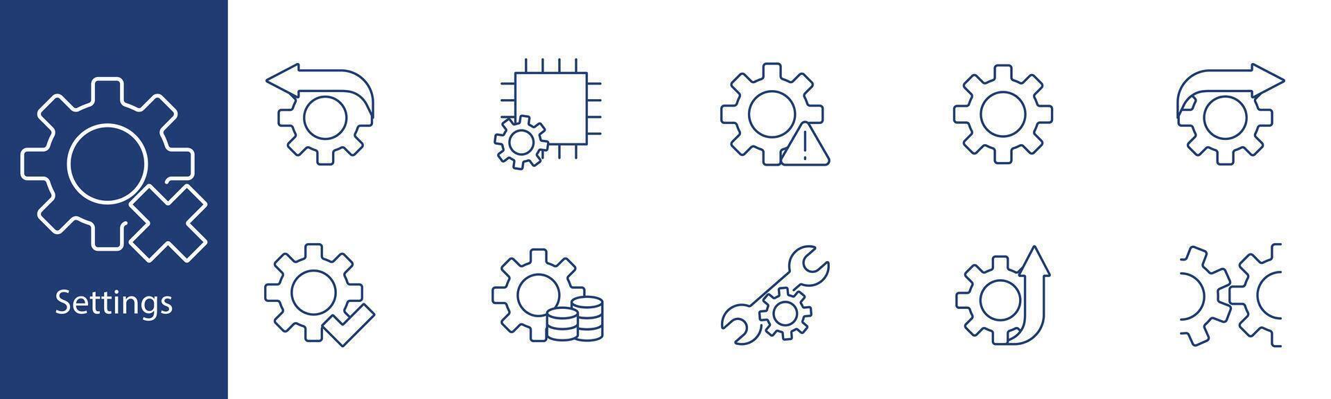 Settings set icon. Gear, configuration, adjustment, wrench, tools, maintenance, system, control, optimization, setup. Technical, system settings, configuration concept. vector