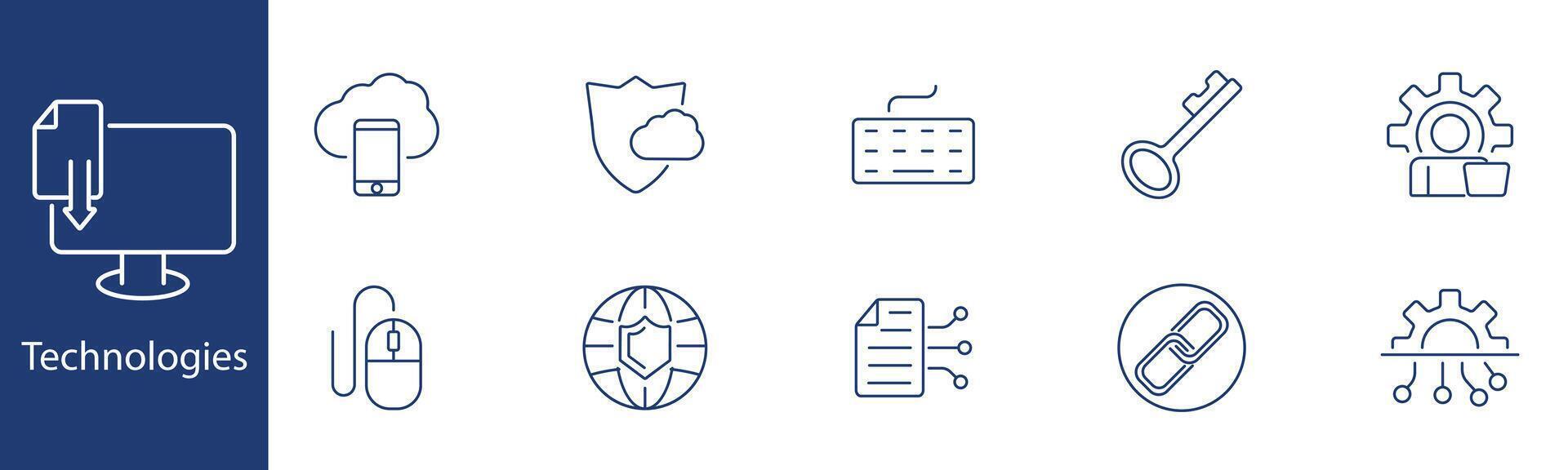 Technologies set icon. Download, cloud, security, keyboard, key, mouse, globe, document, link, user. Digital technology, cybersecurity, online services, IT solutions concept. vector