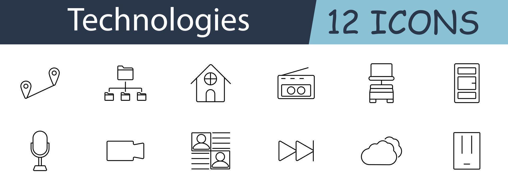 Technologies set icon. GPS, file system, smart home, radio, server, micro, camera, profiles, fast forward, cloud storage, router, document. Tech concept. line icon on white background. vector