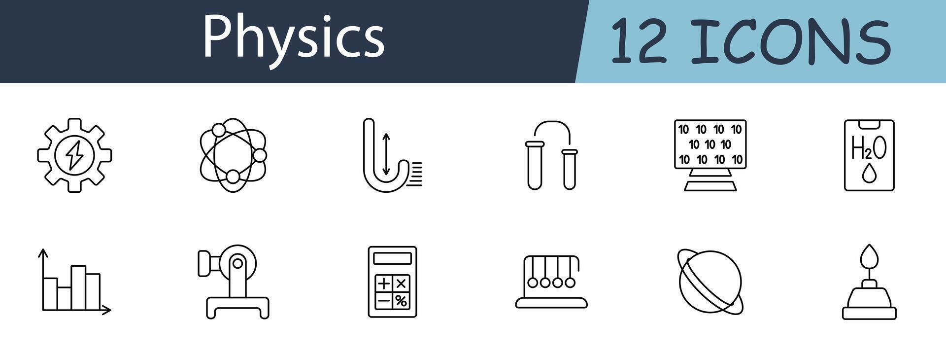 Physics set icon. Includes symbols for energy, atoms, and experiments. Ideal for education, science, and research concepts. line icon on white background. vector