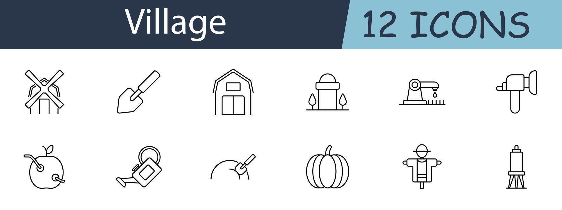 Village set icon. Includes barn, windmill, garden tools, agriculture, and farming symbols. Perfect for rural, farm, and countryside concepts. line icon on white background. vector