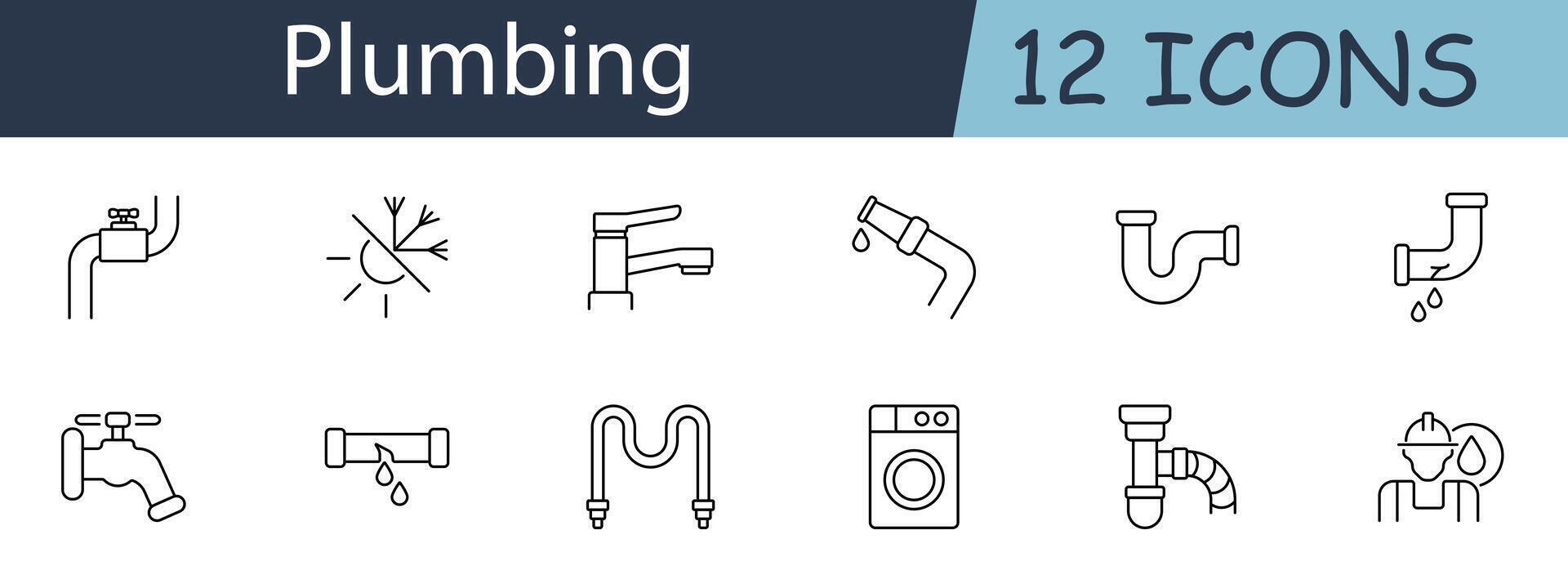 Plumbing set icon. Includes pipes, faucets, leaks, tools, and maintenance symbols. Ideal for repair, water systems, and plumbing services concepts. line icon on white background. vector