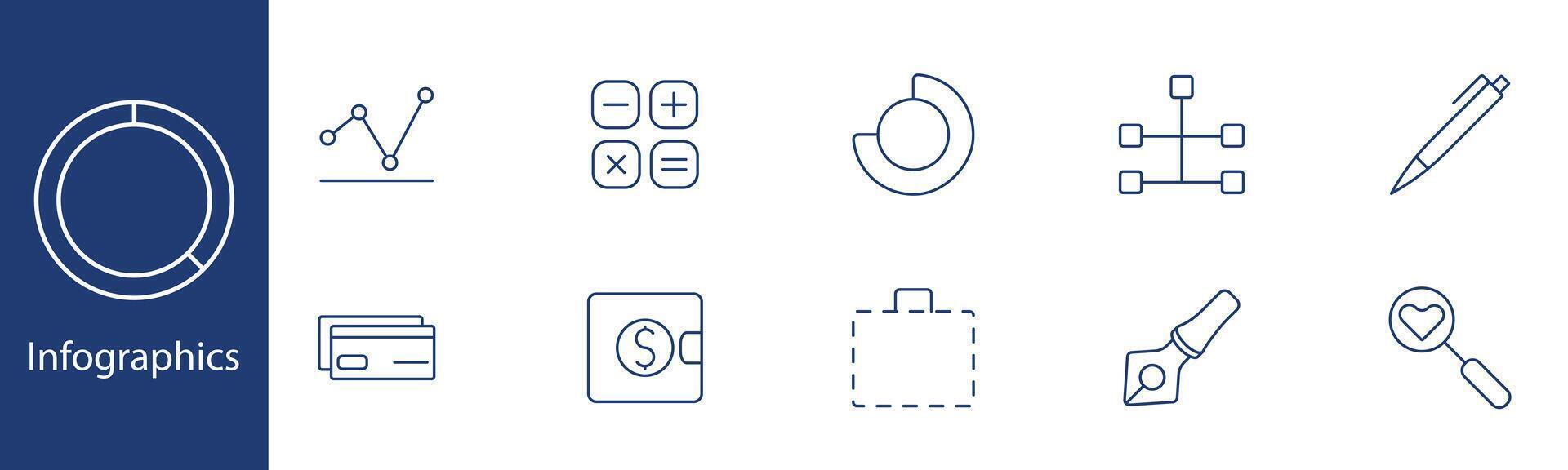 Infographics set icon. Chart, calculator, wallet, pen, suitcase, diagram, nodes, heart, finance, analysis. Data visualization, business, information concept. vector