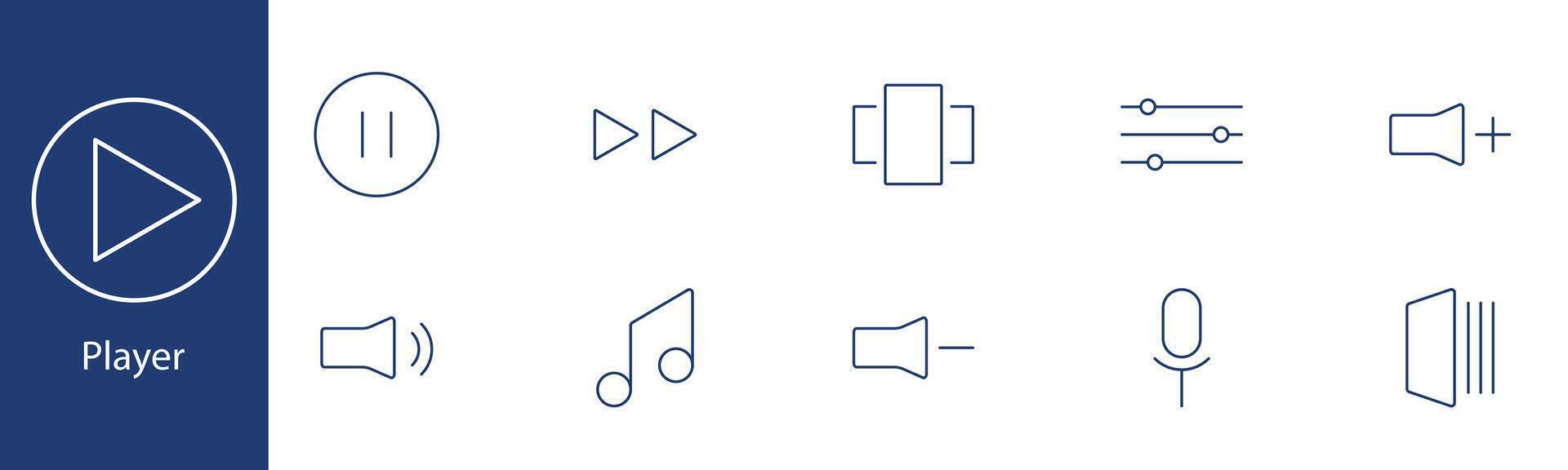 Player set icon. Play, pause, forward, equalizer, volume, music note, microphone, sound, speaker. Audio control, multimedia concept. vector