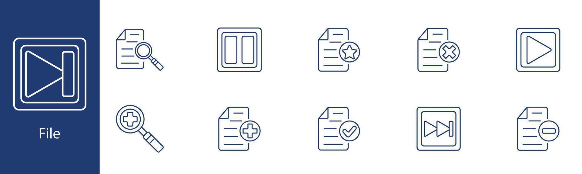 File set icon. Play, pause, search, star, check, add, document, delete, zoom, forward. File management, document control concept. vector
