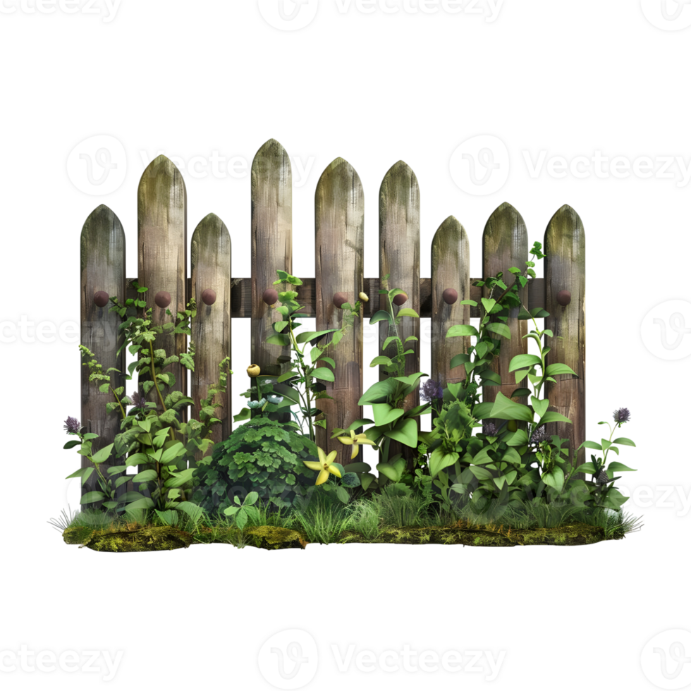 Wooden Fence with Grass and Flowers Outdoor on Transparent Background png