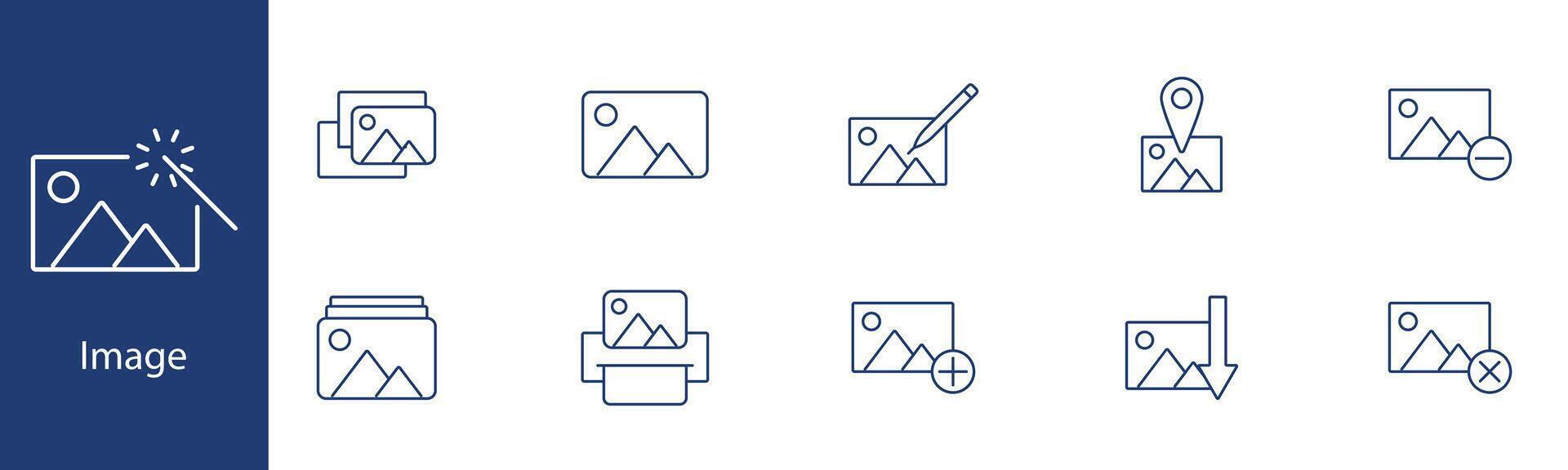 Image set icon. Photo, edit, gallery, location, delete, add, download, magic wand, picture, graphic. Photography, image editing, visual content concept. vector