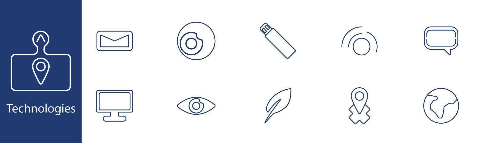 Technologies set icon. Email, USB, location, globe, monitor, eye, feather, chat, key, world. Digital, network, innovation concept. vector