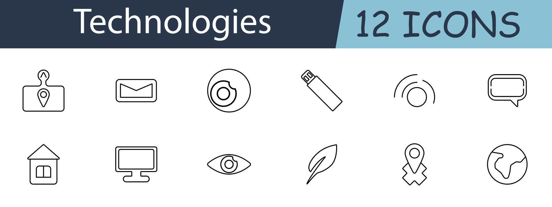 Technologies set icon. Location pin, envelope, camera, USB, wifi, message, house, monitor, eye, feather. Digital devices, communication tools, tech accessories concept. vector