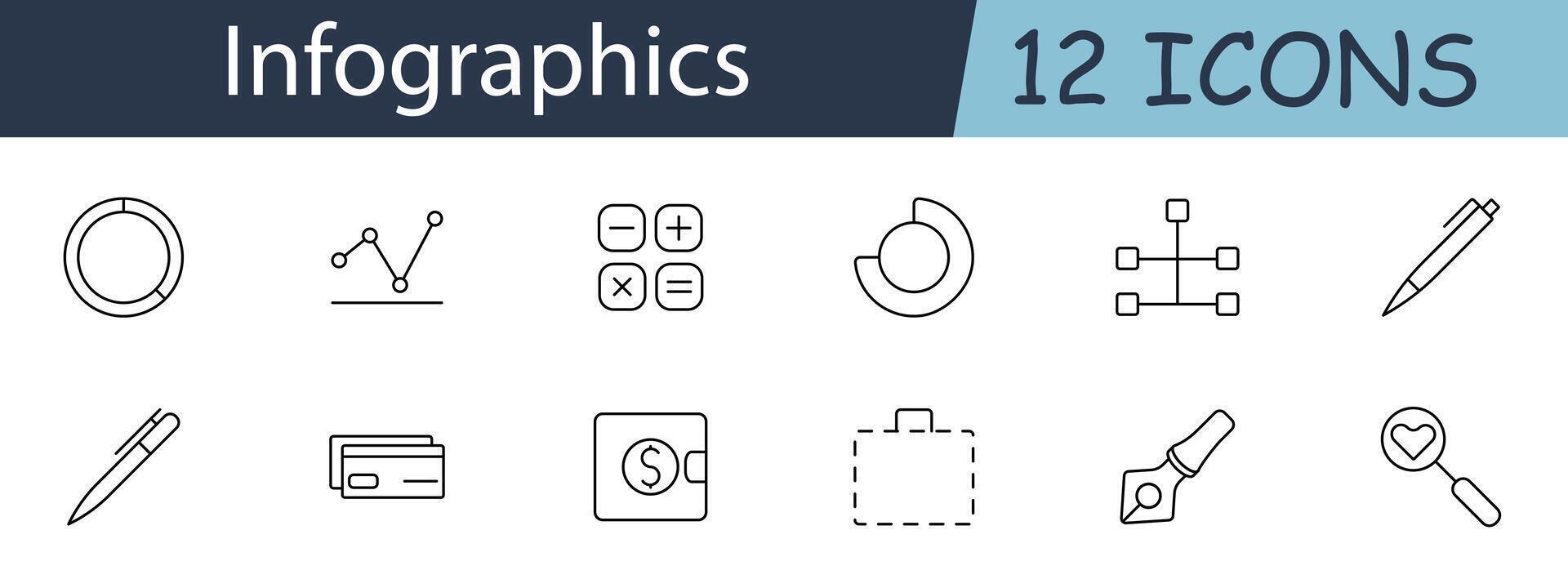Infographics set icon. Pie chart, line graph, calculator, pen, wallet, suitcase, network, magnifying glass, heart. Data visualization, financial analysis, business presentation concept. vector