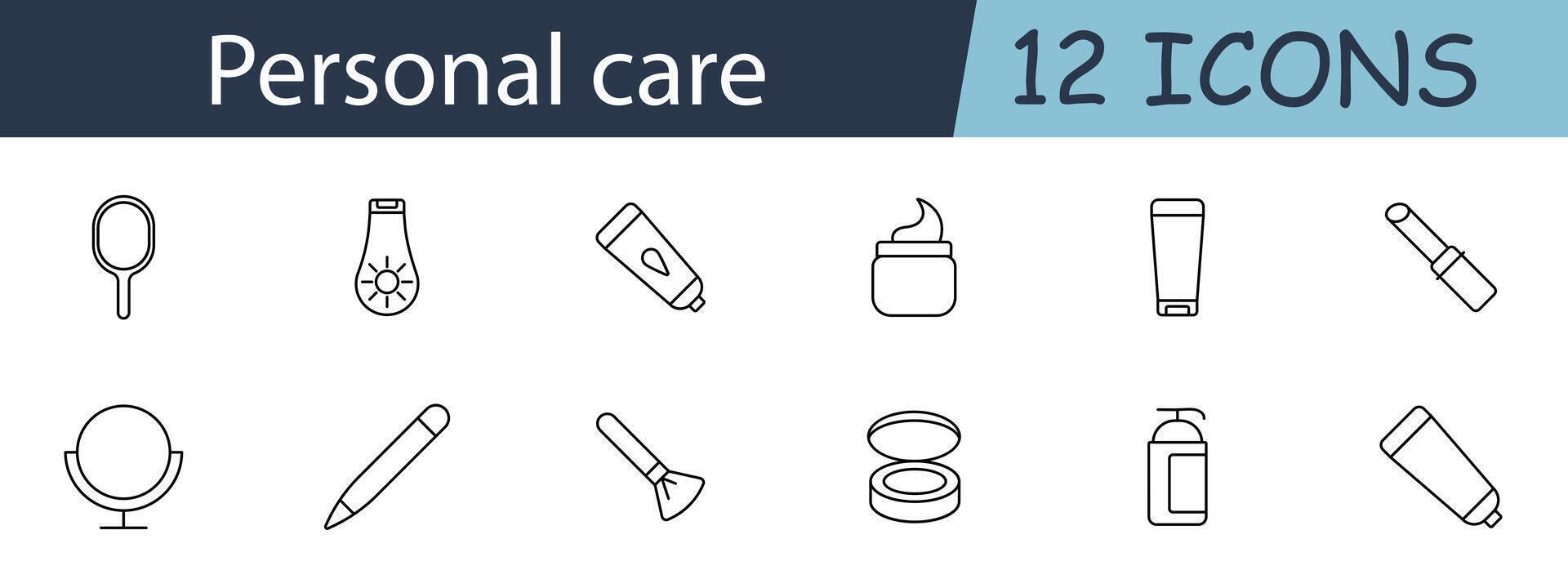 Personal care set icon. Includes mirror, cream, lipstick, and grooming tools symbols. Perfect for beauty, skincare, and self-care concepts. line icon on white background. vector