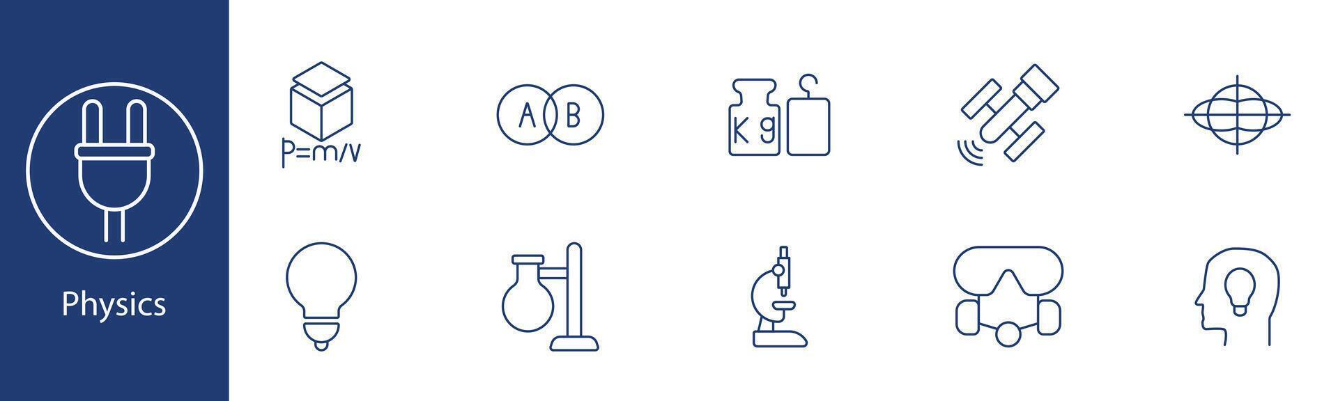 Physics set icon. Formula, atom, weight, satellite, gyroscope, microscope, bulb, test tube. Science, research, experiments, physical laws concept. vector