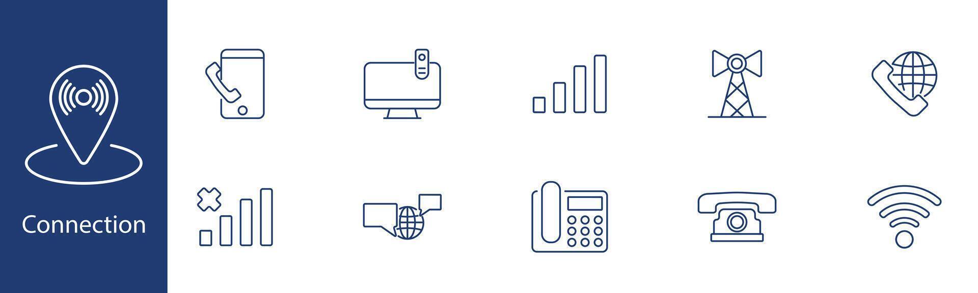 Connection set icon. Phone, signal, tower, network, internet, communication, globe, wifi, telecommunication, call. Connectivity, technology, global communication concept. vector