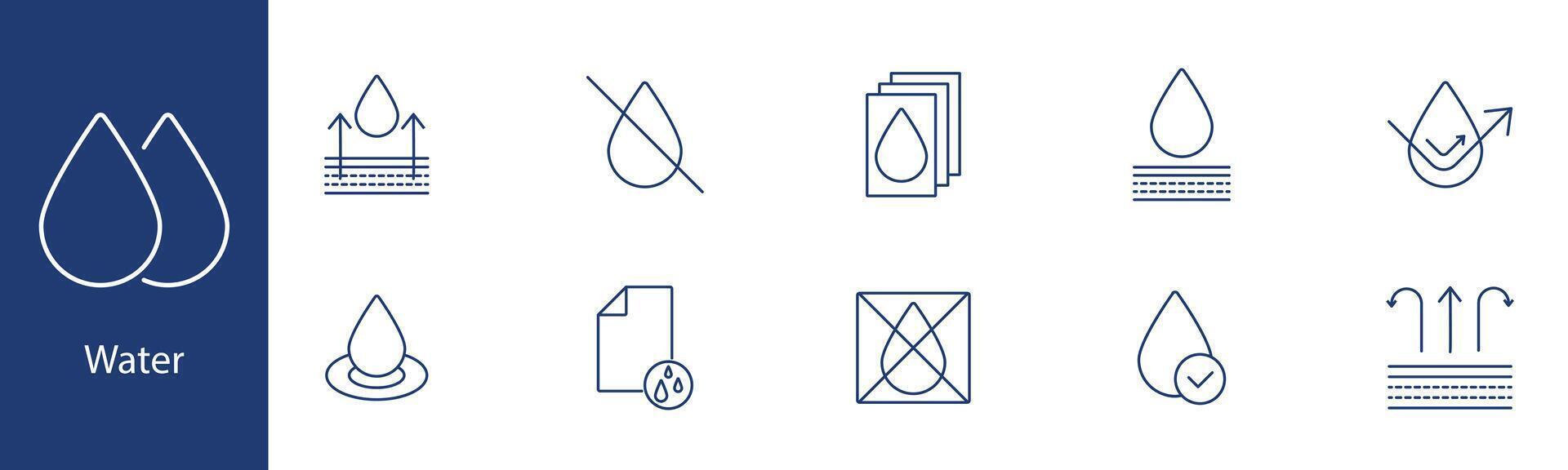 Water set icon. Drops, absorption, moisture, impermeability, permeability, layers, wetness. Water management, fluid dynamics, hydrology concept. vector