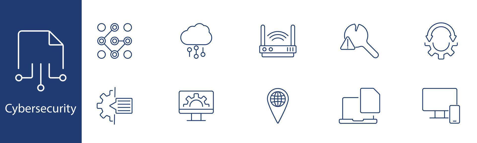 Cybersecurity set icon. Network, cloud, router, warning, monitor, location, data, computer, gear, internet. Security, protection, online safety concept. vector
