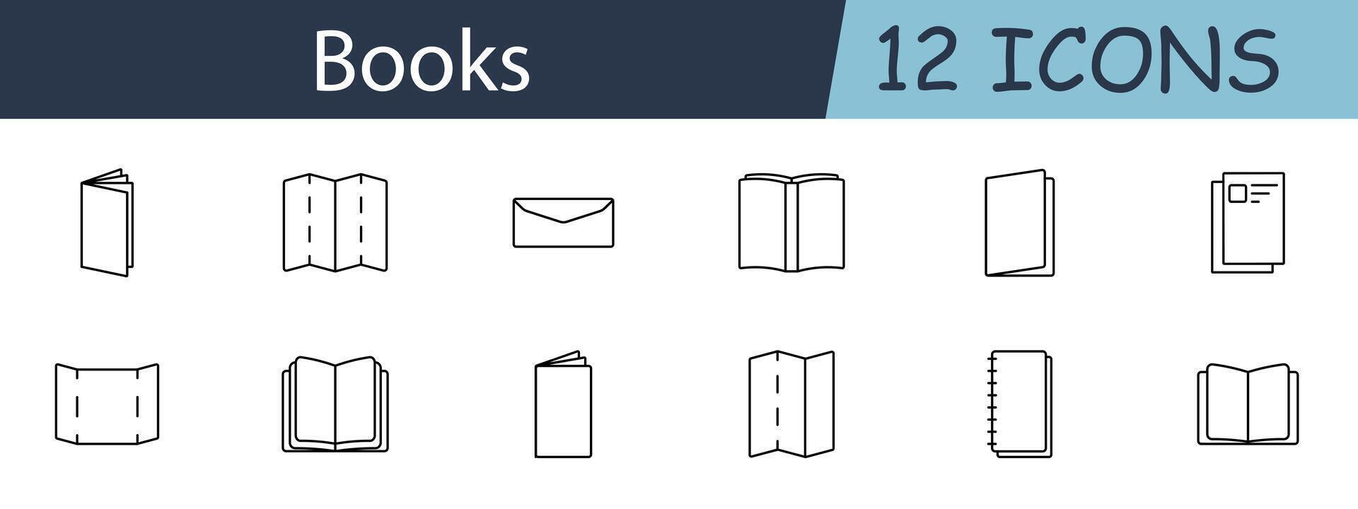 Books set icon. Includes various book, notebook, and brochure symbols. Perfect for literature, publishing, and education concepts. line icon on white background. vector