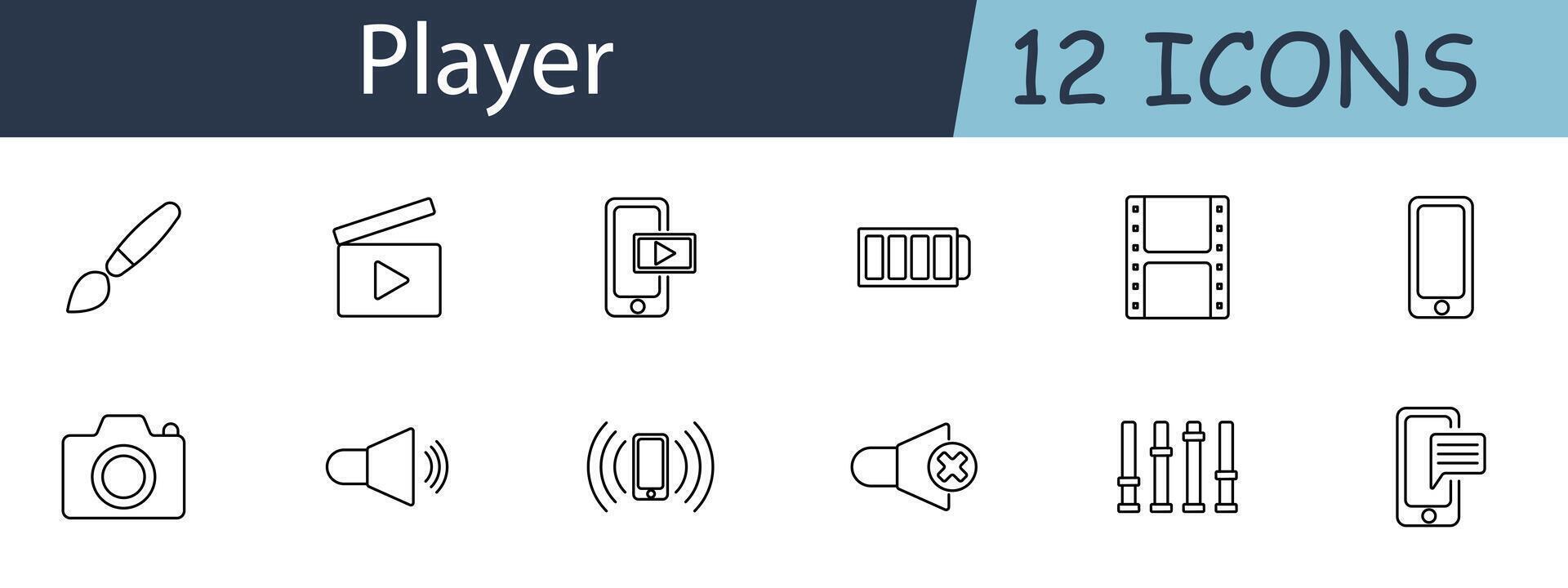 Player set icon. Paintbrush, , mobile, battery, filmstrip, camera, speaker, megaphone, sliders, message. Multimedia player, creative tools, audio-visual content concept. vector