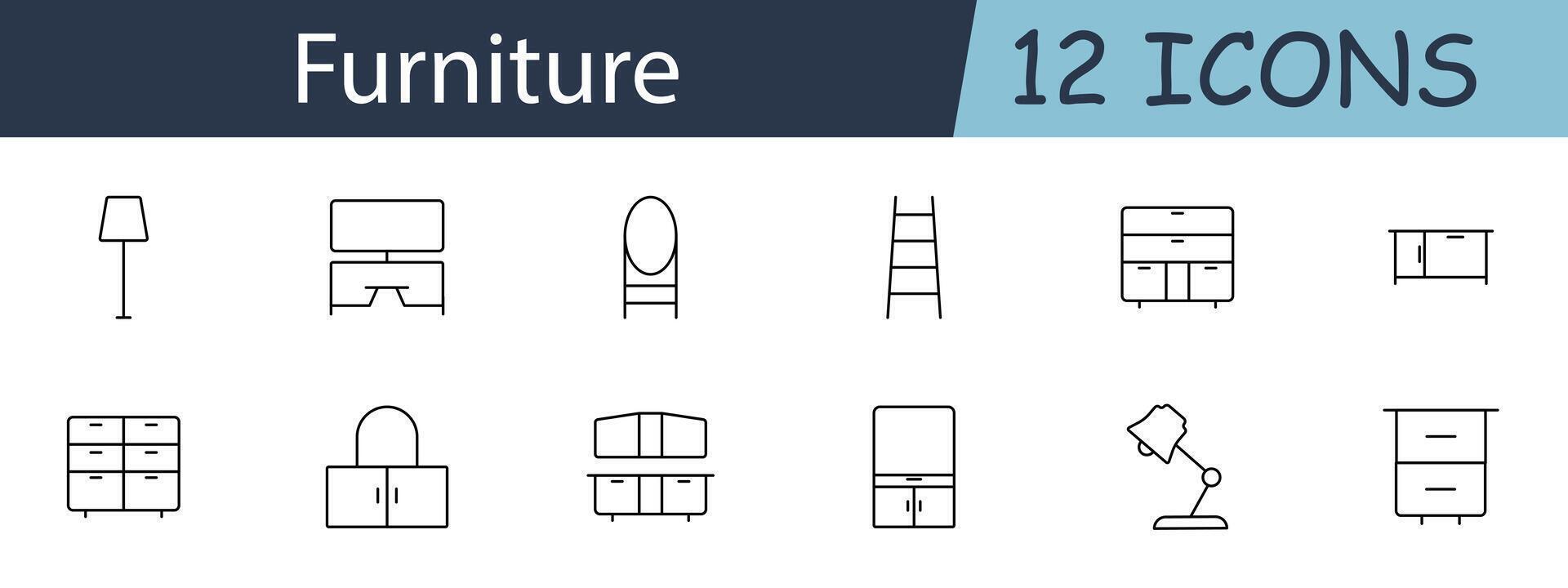 Furniture set icon. Lamp, TV stand, vanity, ladder shelf, cabinet, sideboard, dresser, wardrobe, bookcase, desk lamp, nightstand. Household furniture concept. line icon on white background. vector