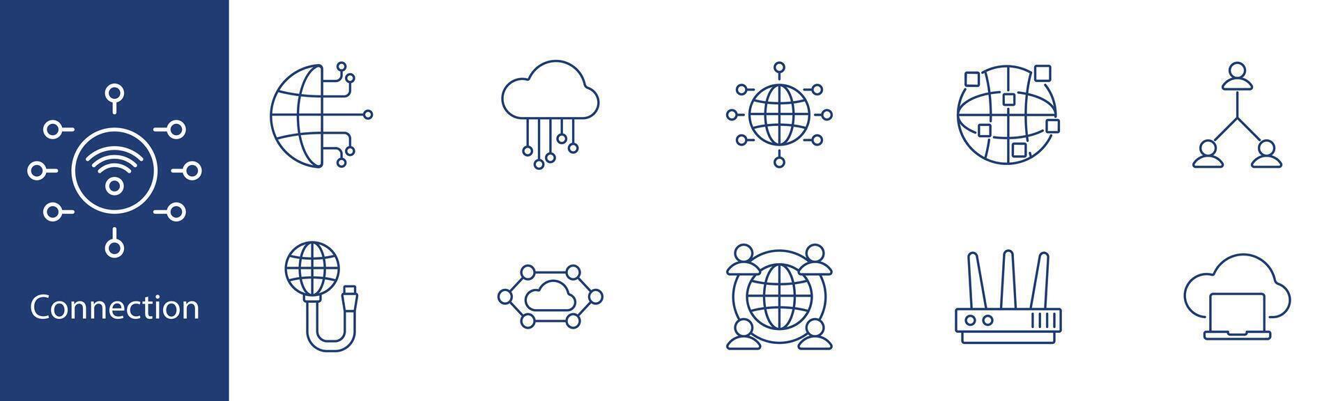 Connection set icon. Wifi, globe, cloud, network, cable, router, communication, users, link, internet. Digital communication, global connectivity, online interaction concept. vector