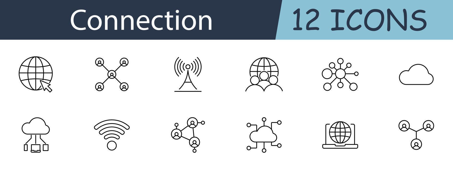Connection set icon. Globe, network, signal tower, people, cloud, cloud network, Wi-Fi, social network, computer, world map, connections. Connectivity concept. line icon on white background. vector
