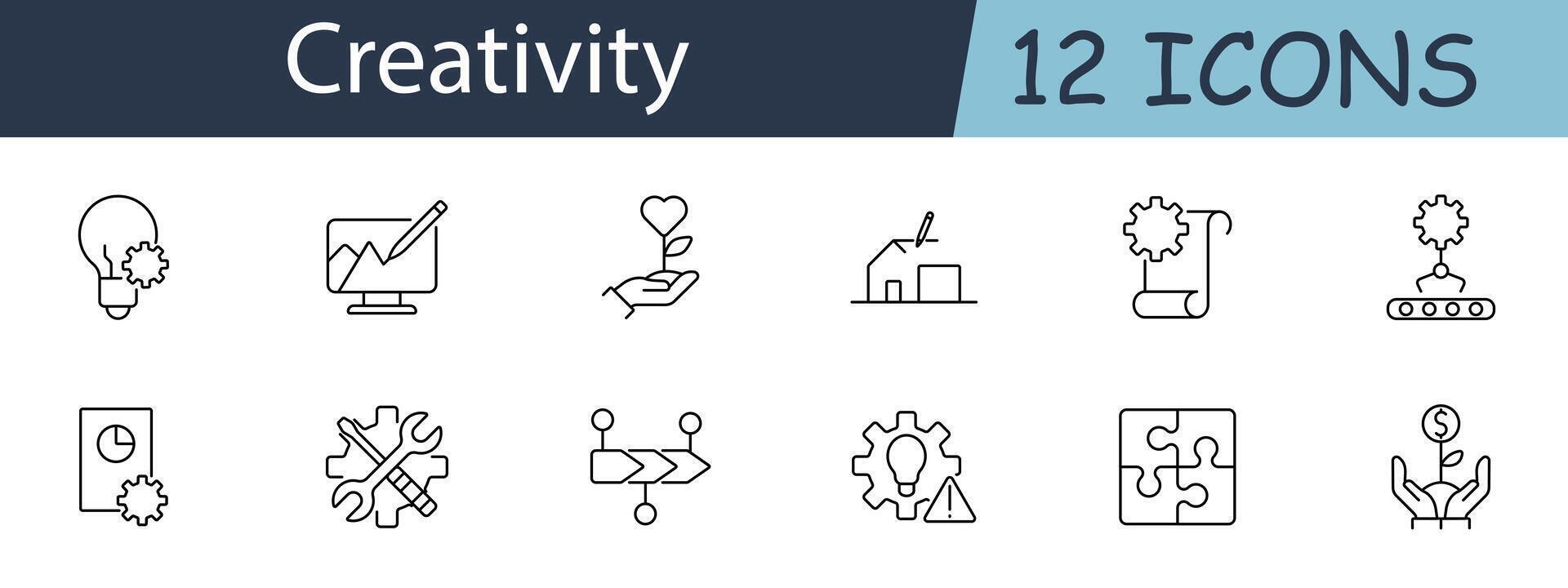 Creativity set icon. Includes symbols for idea generation, design, innovation, and problem-solving. Suitable for creative processes, brainstorming, and project development concepts. line icon vector