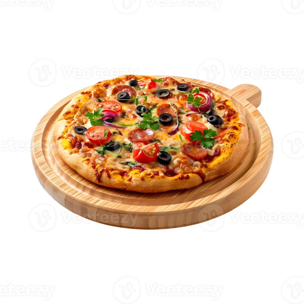 Pizza on a Wooden Round Plate on Transparent Background png