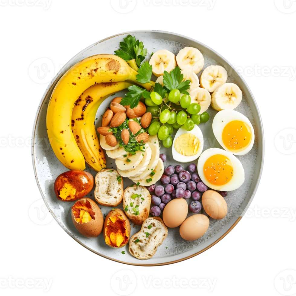 Healthy Breakfast with Banana, Eggs, Dry Fruits on Transparent Background png