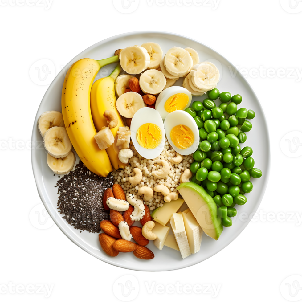 Healthy Breakfast with Banana, Eggs, Dry Fruits on Transparent Background png