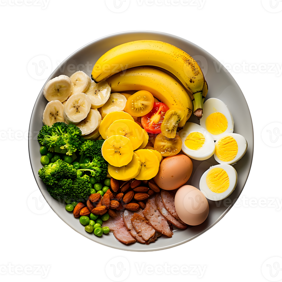 Healthy Breakfast with Banana, Eggs, Dry Fruits on Transparent Background png
