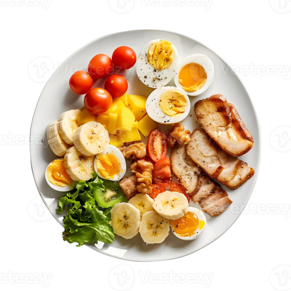 Healthy Breakfast with Banana, Eggs, Dry Fruits on Transparent Background png