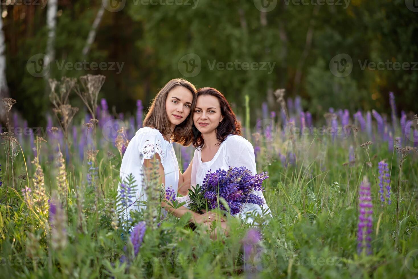 Two beautiful young sisters in a field of lupine flowers. photo