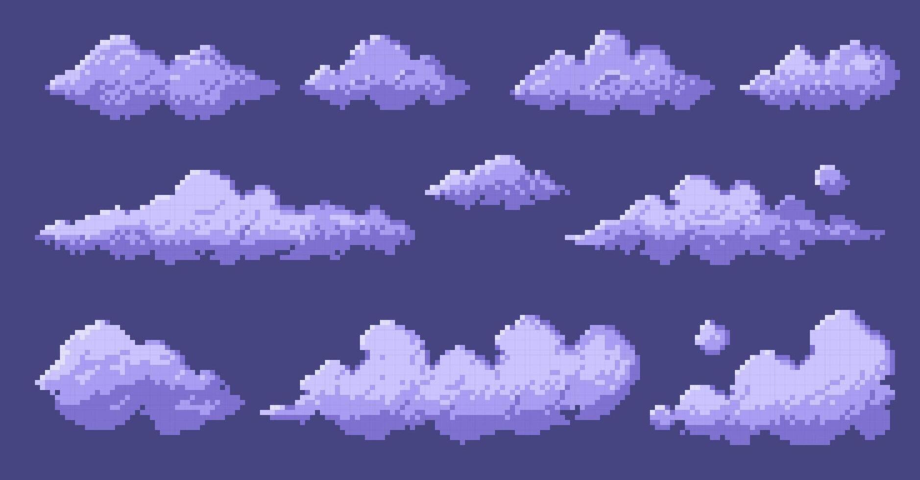 Pixelated 8 bit clouds. Retro game sky background, digital 2D sprite asset, blue white cloud shapes for game design. isolated set. vector