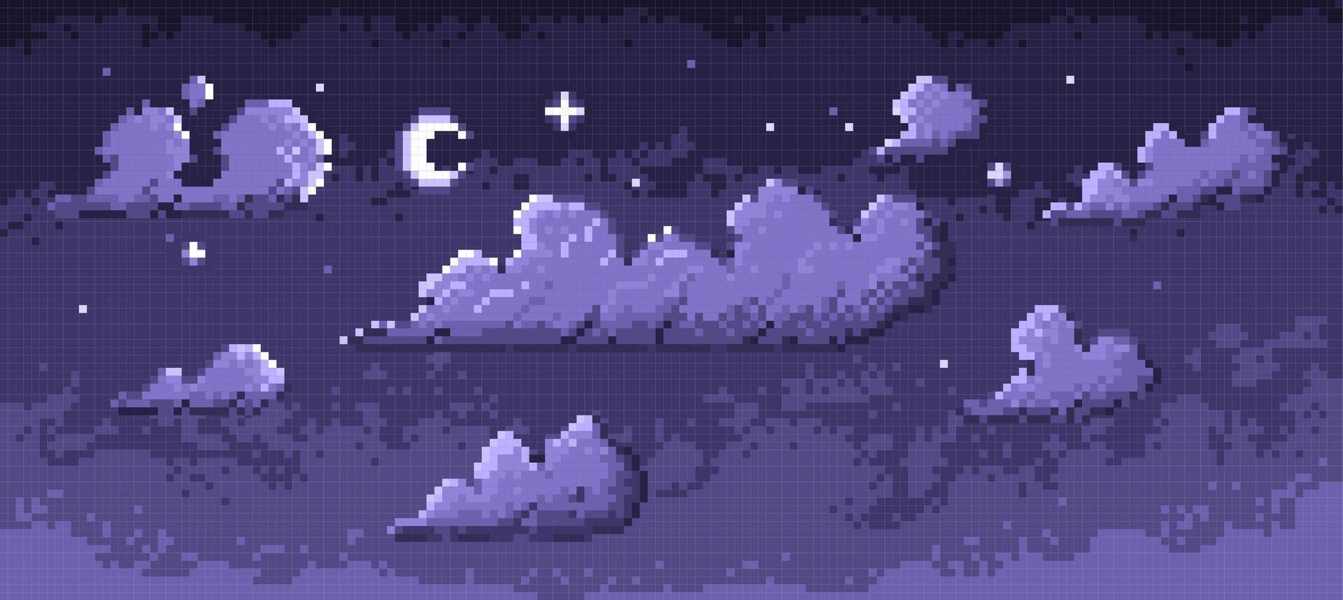 Pixel night sky. Retro low poly background with stars and clouds, nostalgic 8 bit space scene. monochrome illustration. vector