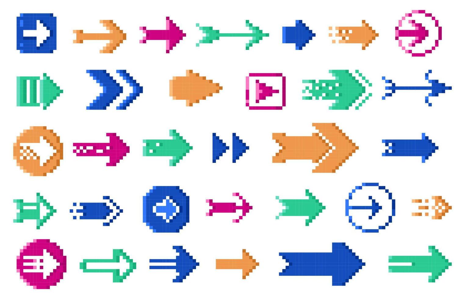 Pixel 8 bit arrows. Dotted retro navigation cursors, retro 8 bit direction pointers, retro 8 bit arrow icons. 8 bit game elements set. vector