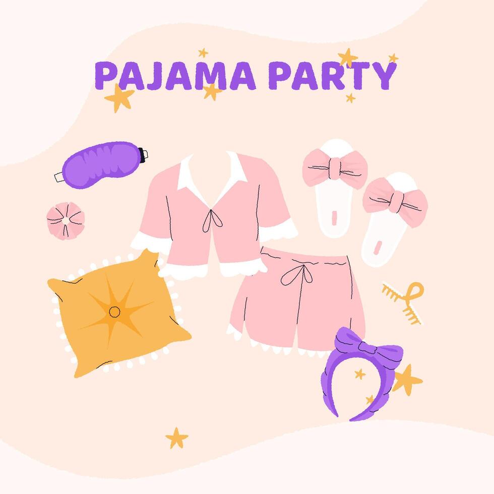 Sleep time accessories. Cartoon girl pajamas with cute slippers, cozy nightwear with sleep mask night time collection. isolated set. vector