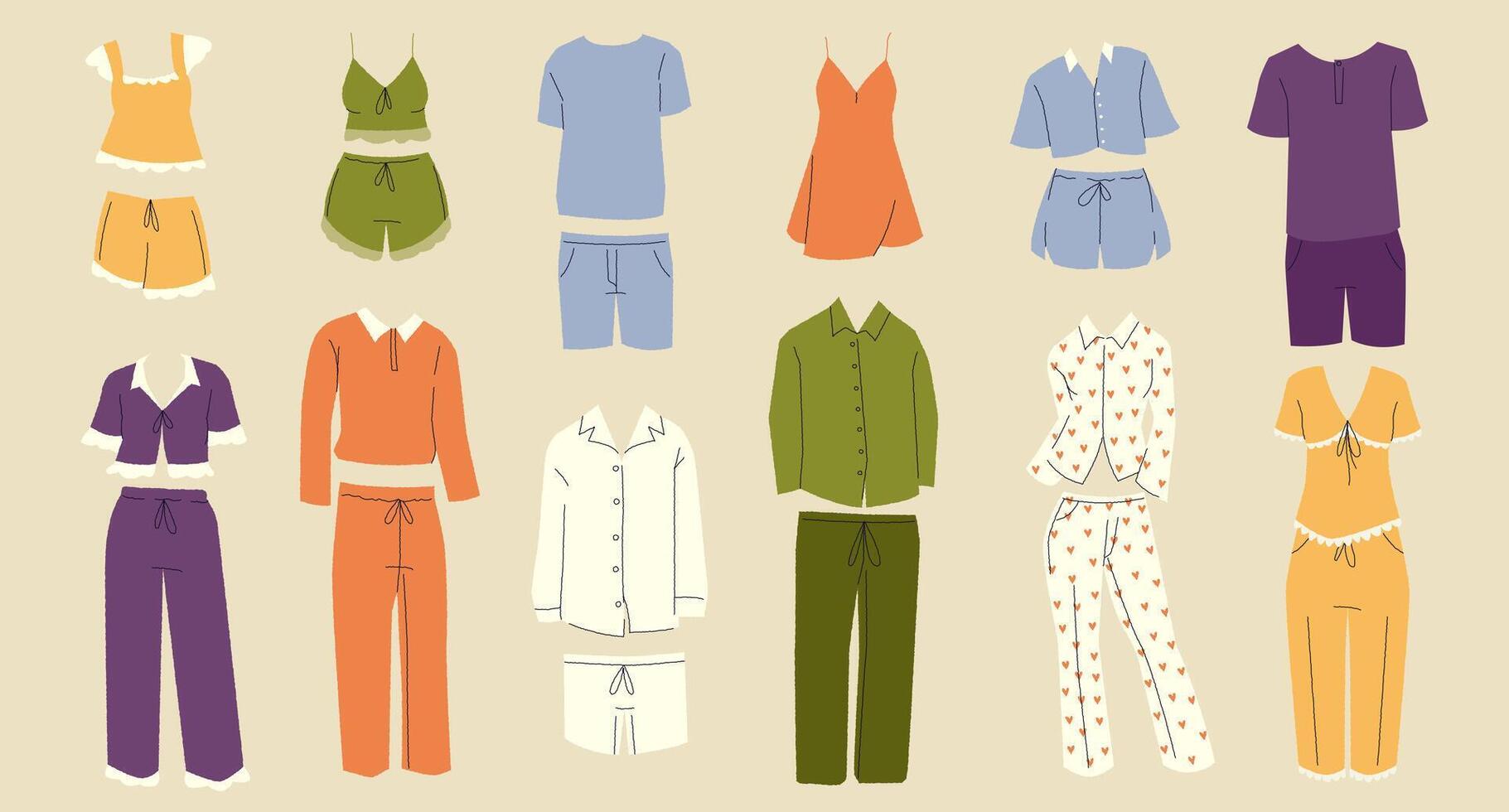Pajamas. Cartoon kids sleepwear, funny pajama set with different models, cute nightgown clothes for bedtime. isolated collection. vector