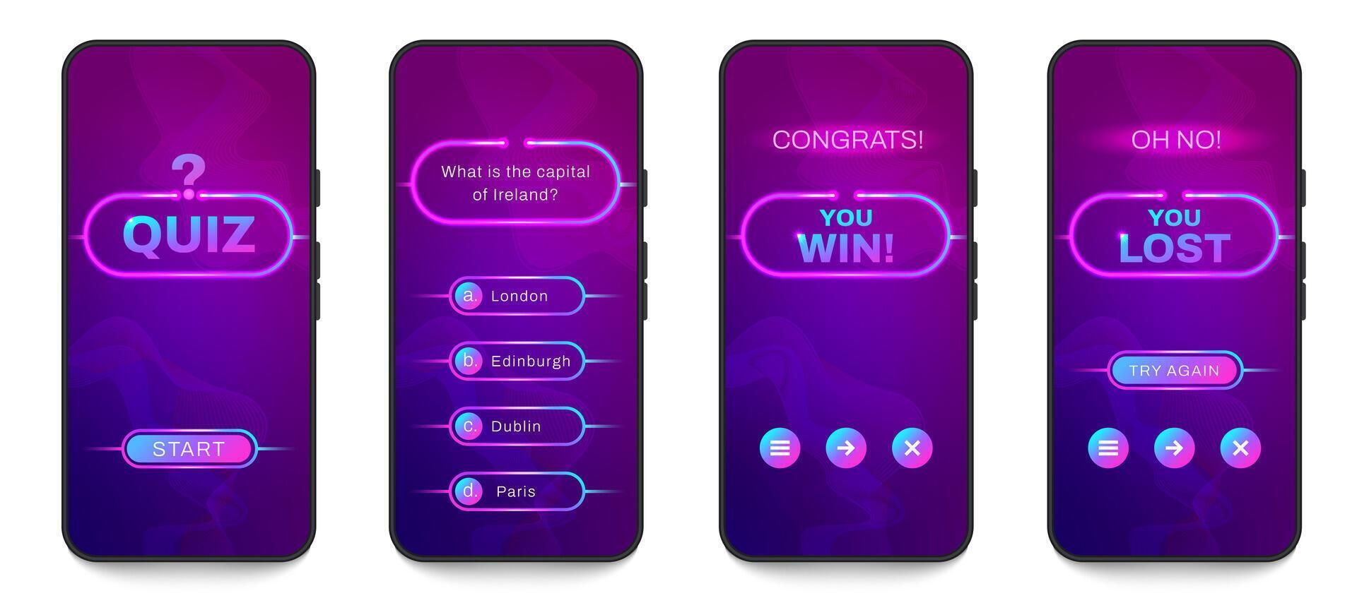 Mobile quiz game interface. Questionnaire template with multiple choice questions, exam test and evaluation app layout. infographic design. vector