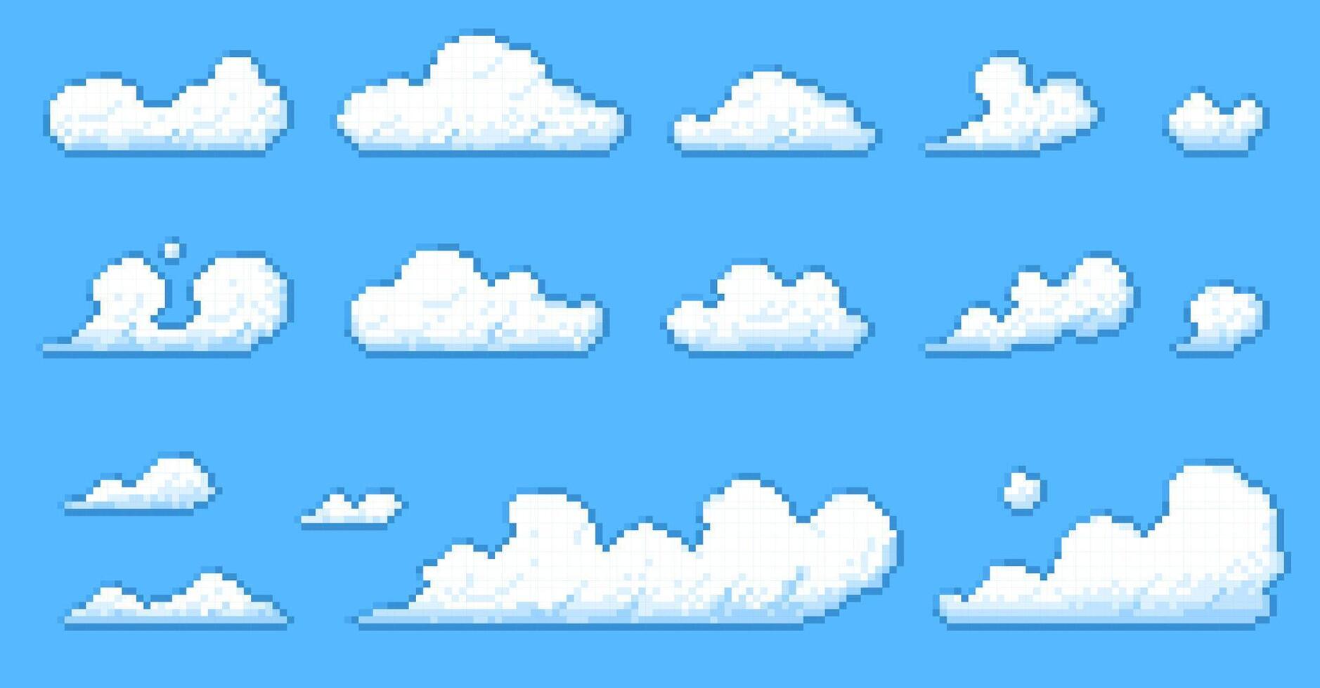 Pixel clouds. Retro 8 bit flying fluffy white clouds, 16 bit sky heaven background with cartoon meteorology elements. game asset set. vector