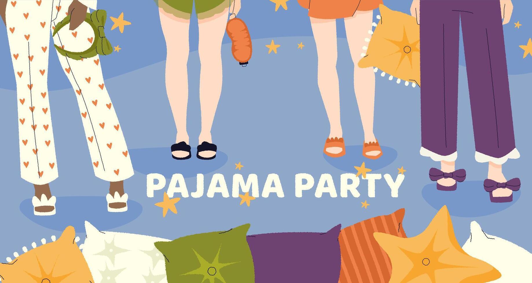 Pajama party. Cartoon invitation card with cute girls in nightwear, sleepover celebration with pajama and slippers. flyer template vector