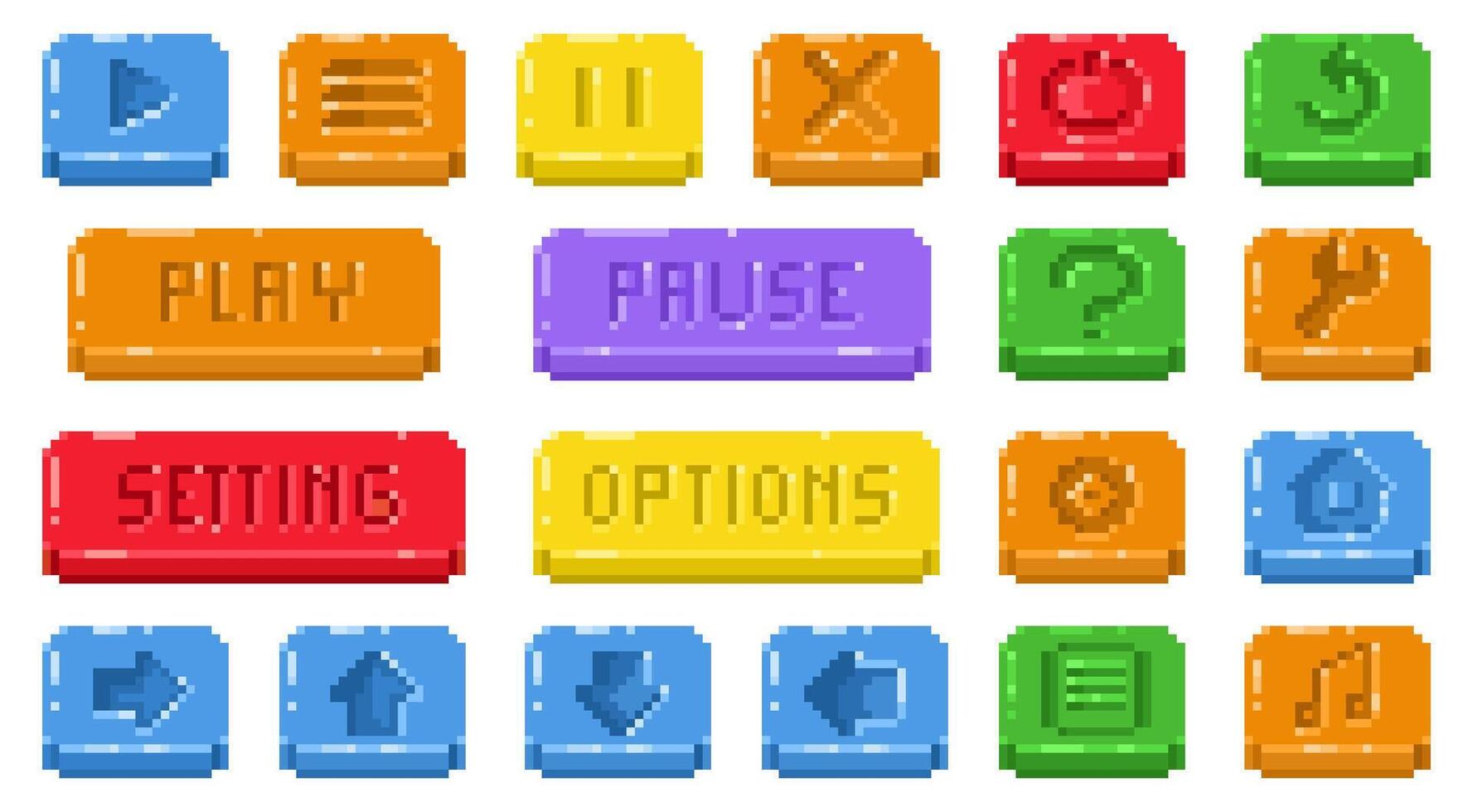 Pixel menu buttons. Retro game interface icons, 8 bit game panel plus minus symbols, old school application buttons. UI elements. vector