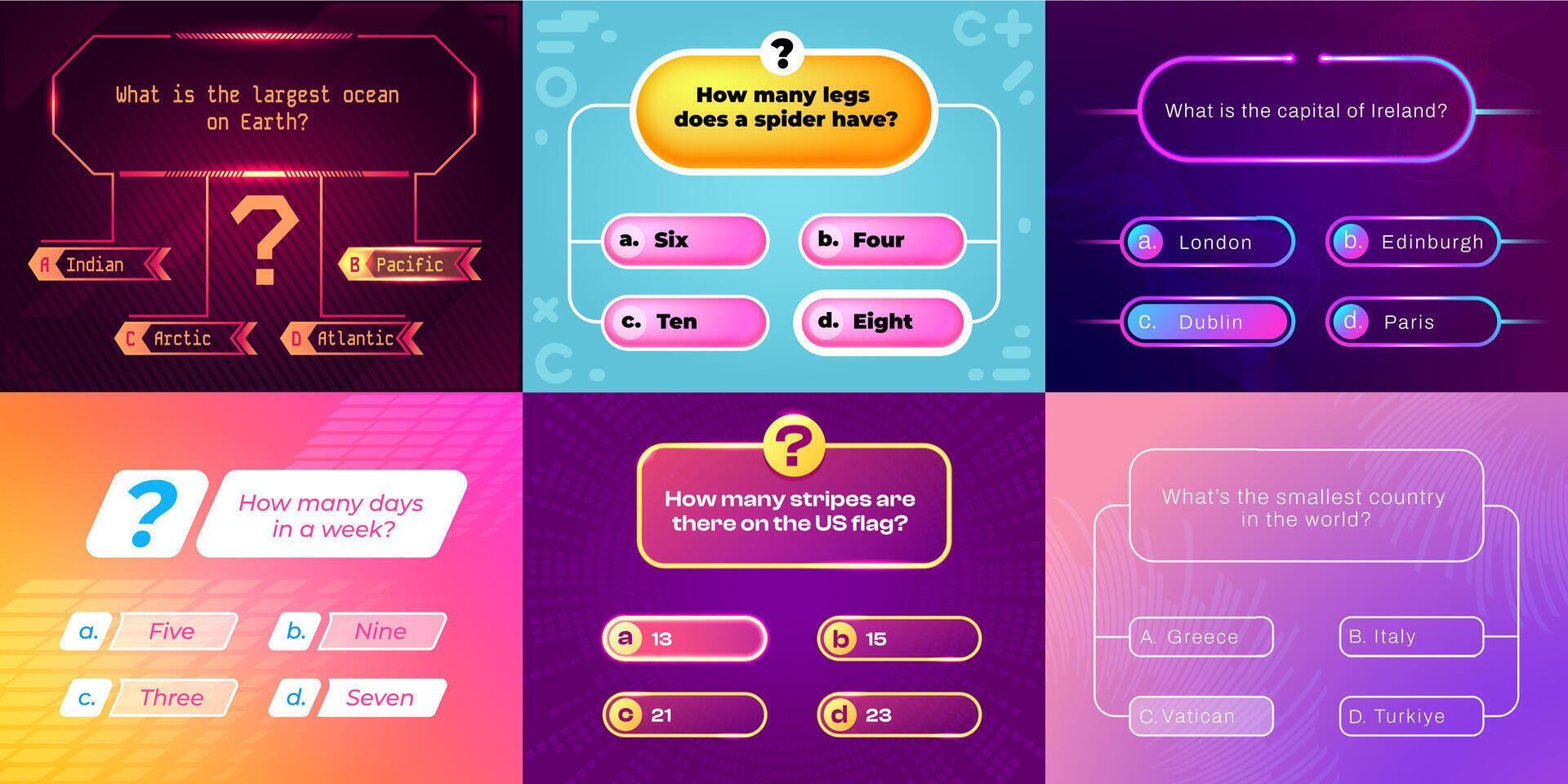 Trivia game ui. Question and answer template for quiz show, multiple choice interface with buttons and timer. game app layout vector