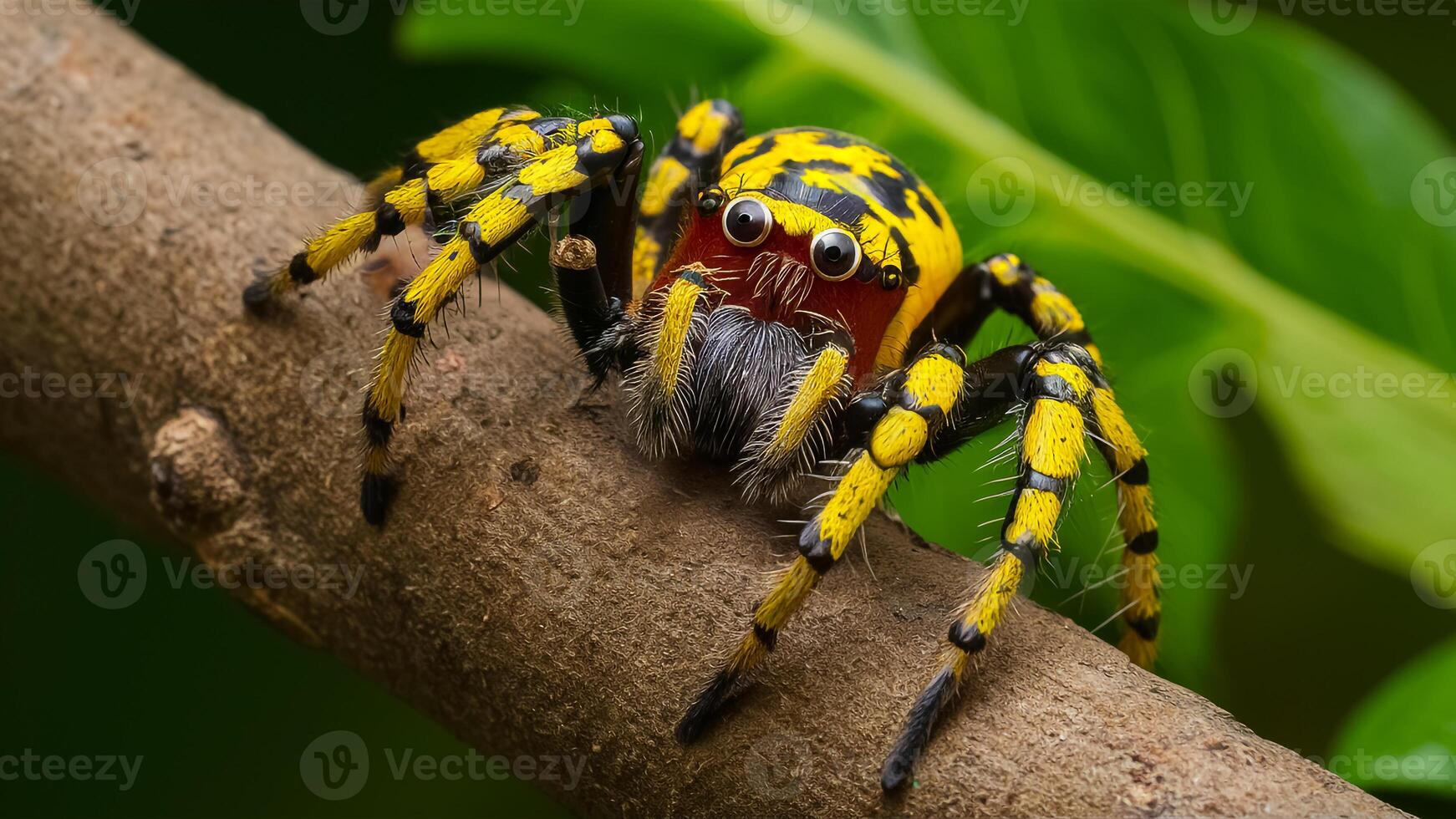 macro photography of a radioactive spider on a tree branch photo