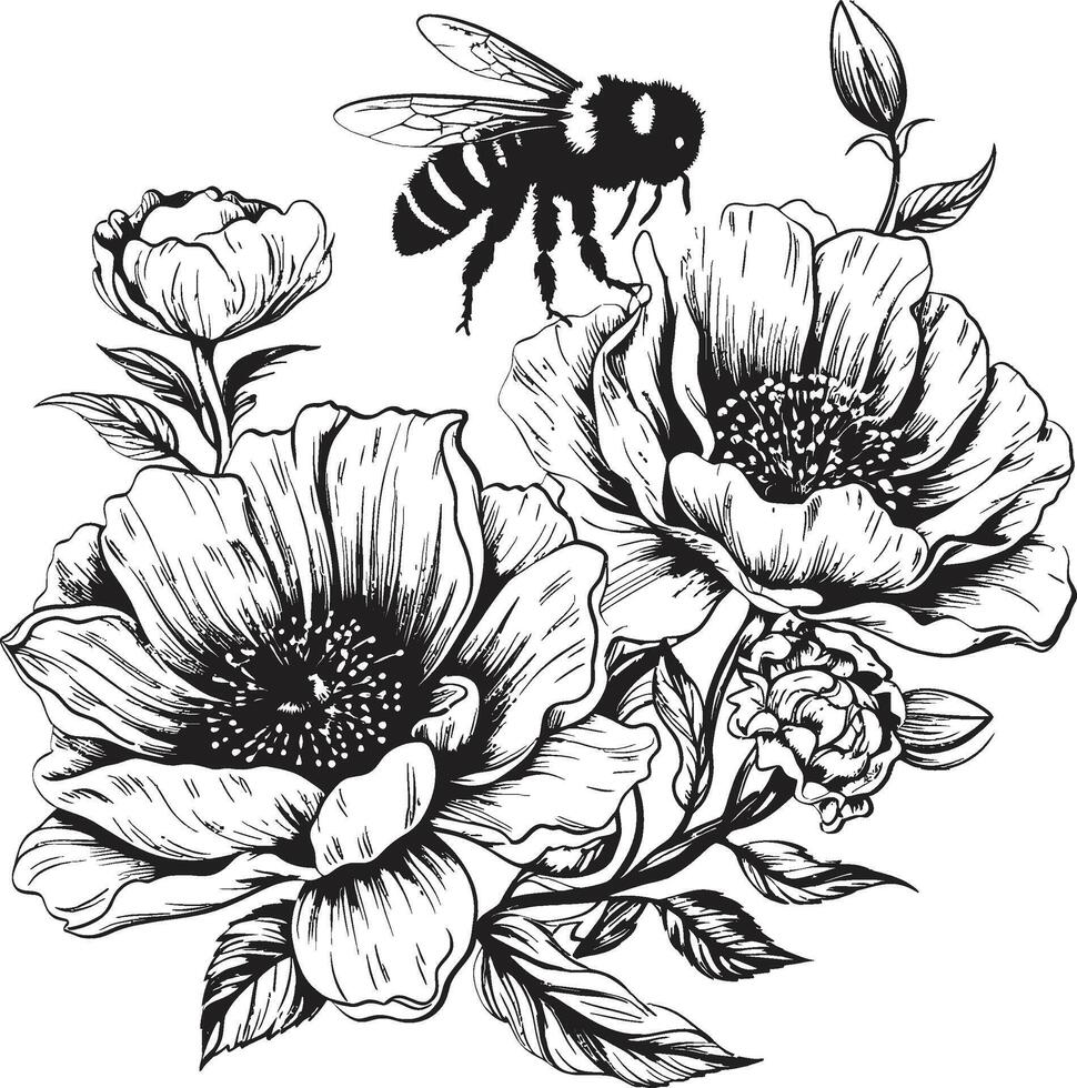Blossom Ballet Minimalist Black Design with Flower Bud and Bee Bee Ballet Flower Bud and Bee Emblem in Black vector
