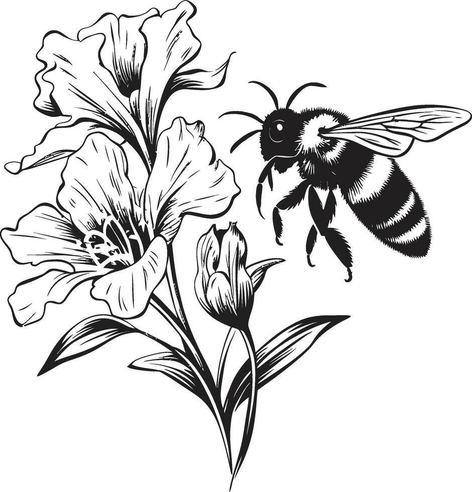 Natures Rhapsody Minimalist Bee and Blossom Emblem Blossom Ballet Black Symbol with Flower vector