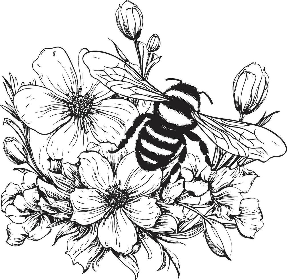 Natures Duo Black Symbol Blossom Ballet Minimalist Bee Emblem vector